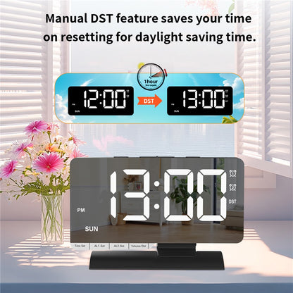 EN8836-A Weekday Display Large Screen Dimmable LED Mirror Digital Alarm Clock with DST Function and Dual Charging Ports
