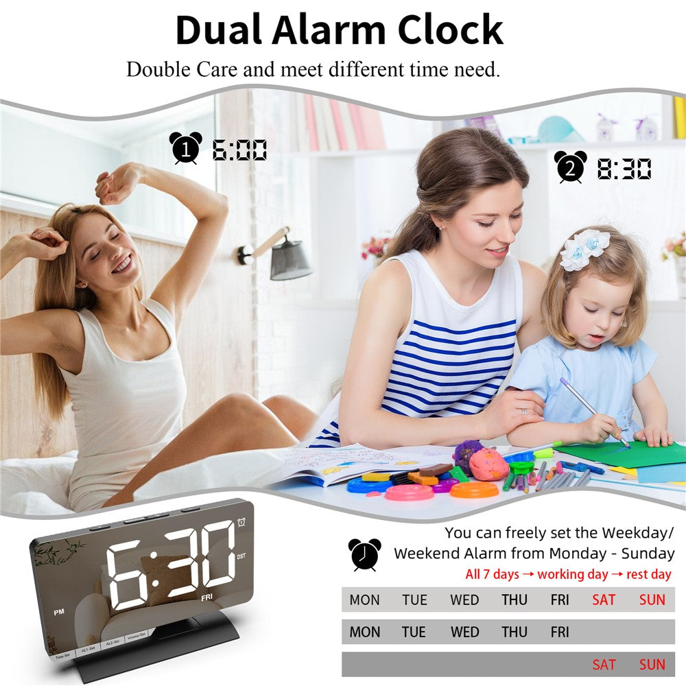 EN8836-A Weekday Display Large Screen Dimmable LED Mirror Digital Alarm Clock with DST Function and Dual Charging Ports