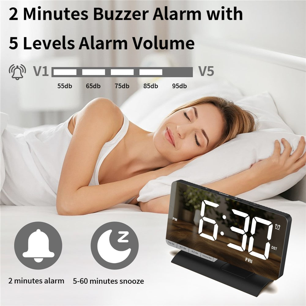 EN8836-A Weekday Display Large Screen Dimmable LED Mirror Digital Alarm Clock with DST Function and Dual Charging Ports