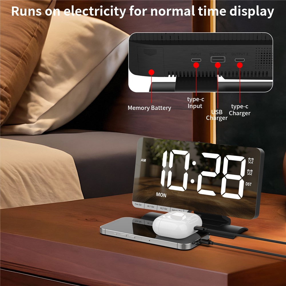 EN8836-A Weekday Display Large Screen Dimmable LED Mirror Digital Alarm Clock with DST Function and Dual Charging Ports
