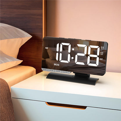 EN8836-A Weekday Display Large Screen Dimmable LED Mirror Digital Alarm Clock with DST Function and Dual Charging Ports