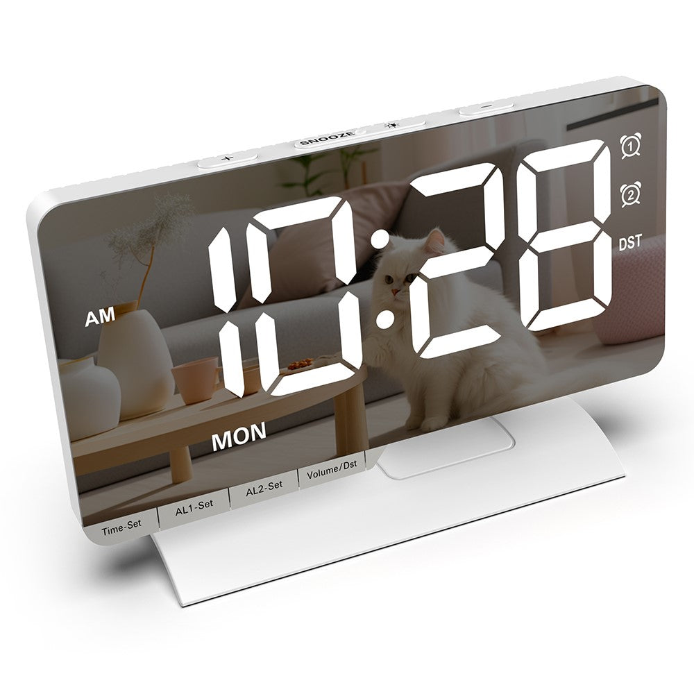 EN8836-A Weekday Display Large Screen Dimmable LED Mirror Digital Alarm Clock with DST Function and Dual Charging Ports