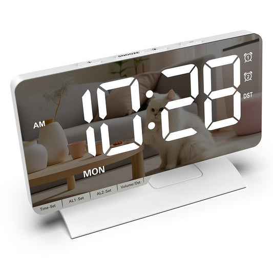 EN8836-A Weekday Display Large Screen Dimmable LED Mirror Digital Alarm Clock with DST Function and Dual Charging Ports