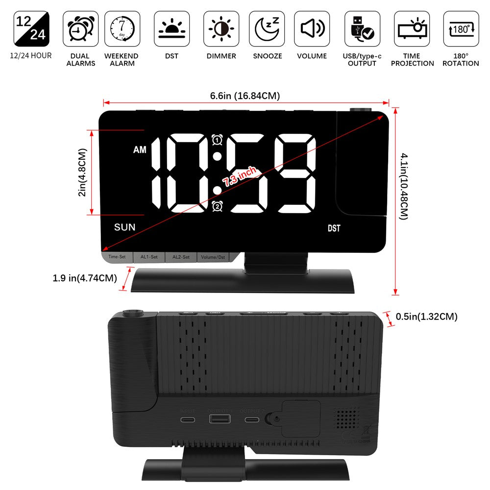 EN8836-C Large LED Display Projection Clock Dual Alarm Dimmable Desktop Digital Clock with DST and Weekday Display