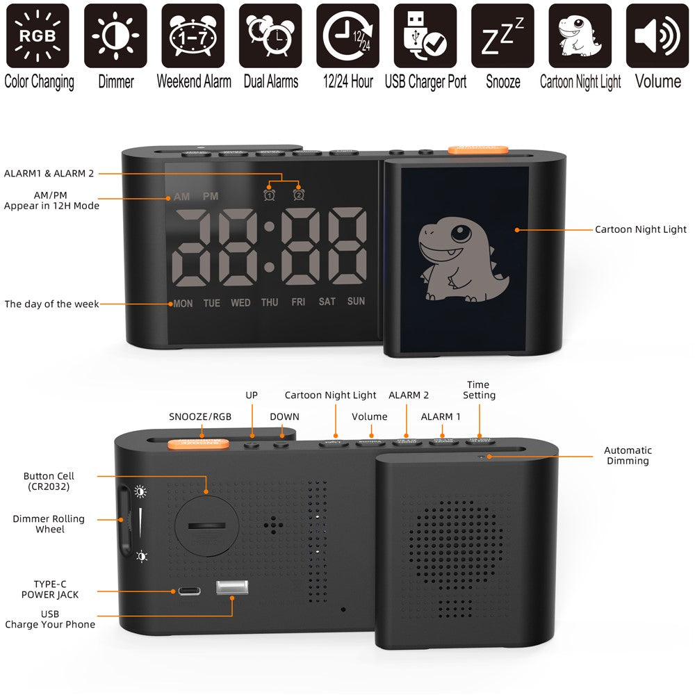 EN8837-C Cartoon Animal Pattern S-Shaped Dual Screen RGB Alarm Clock with Night Light 12 / 24 Hour Display Desk Clock