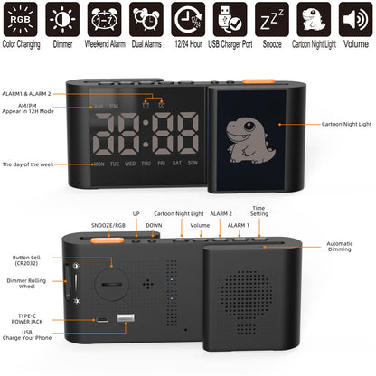 EN8837-C Cartoon Animal Pattern S-Shaped Dual Screen RGB Alarm Clock with Night Light 12 / 24 Hour Display Desk Clock
