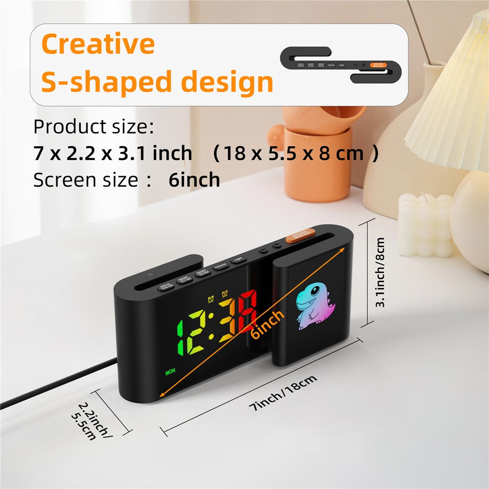 EN8837-C Cartoon Animal Pattern S-Shaped Dual Screen RGB Alarm Clock with Night Light 12 / 24 Hour Display Desk Clock