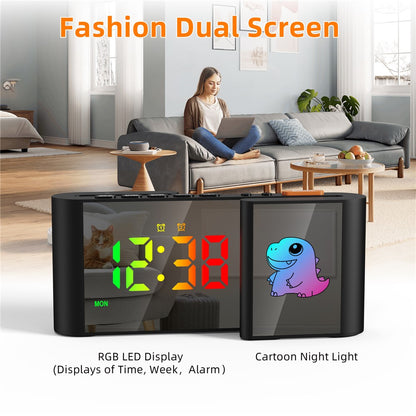 EN8837-C Cartoon Animal Pattern S-Shaped Dual Screen RGB Alarm Clock with Night Light 12 / 24 Hour Display Desk Clock