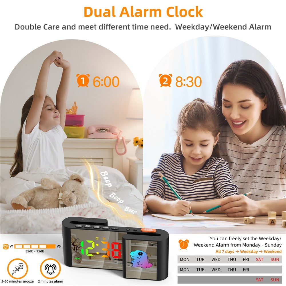 EN8837-C Cartoon Animal Pattern S-Shaped Dual Screen RGB Alarm Clock with Night Light 12 / 24 Hour Display Desk Clock