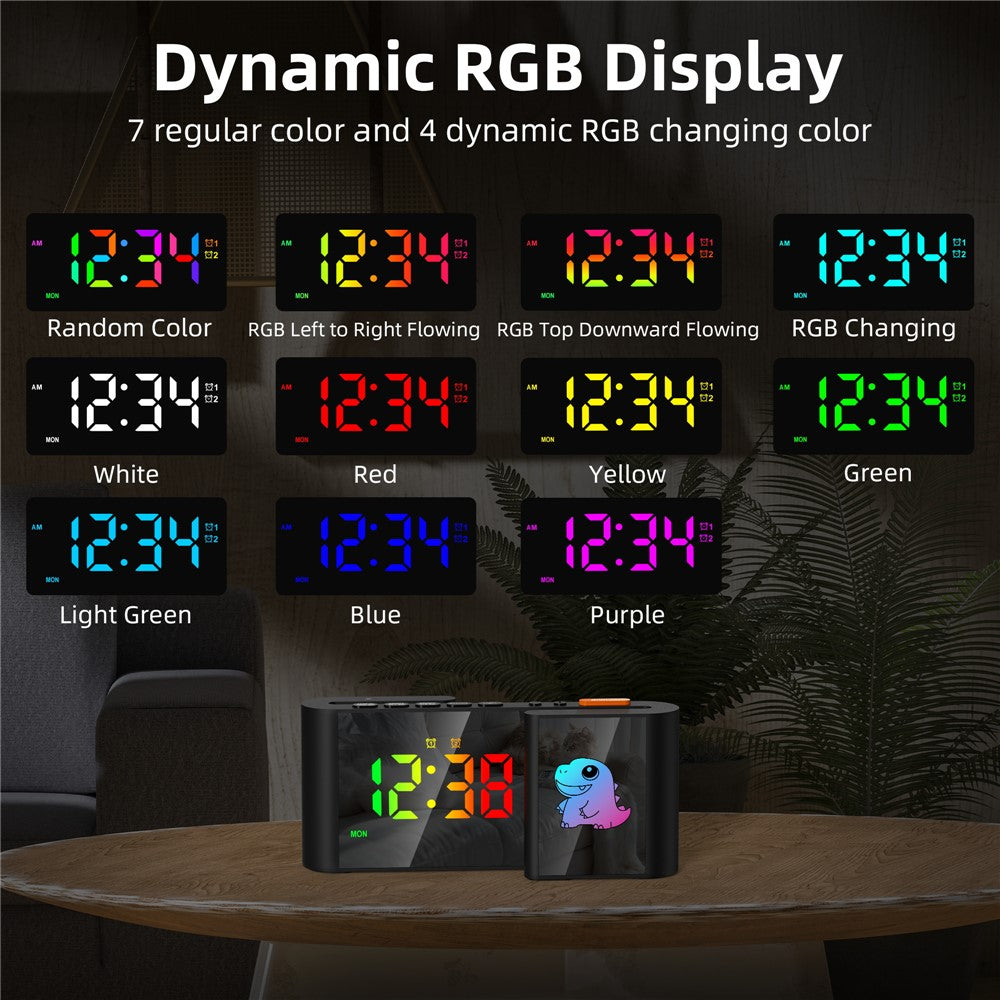 EN8837-C Cartoon Animal Pattern S-Shaped Dual Screen RGB Alarm Clock with Night Light 12 / 24 Hour Display Desk Clock