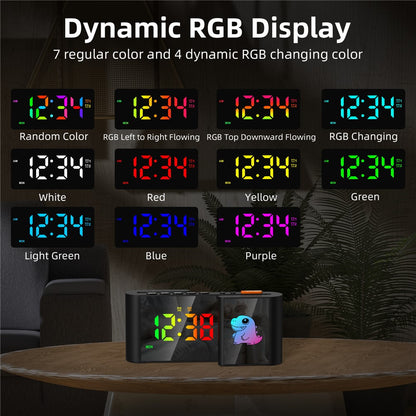 EN8837-C Cartoon Animal Pattern S-Shaped Dual Screen RGB Alarm Clock with Night Light 12 / 24 Hour Display Desk Clock