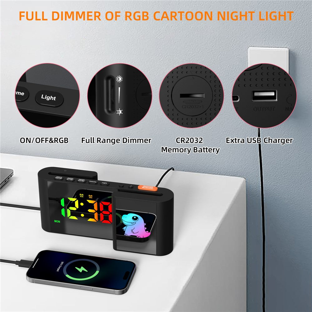 EN8837-C Cartoon Animal Pattern S-Shaped Dual Screen RGB Alarm Clock with Night Light 12 / 24 Hour Display Desk Clock