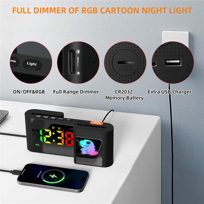 EN8837-C Cartoon Animal Pattern S-Shaped Dual Screen RGB Alarm Clock with Night Light 12 / 24 Hour Display Desk Clock