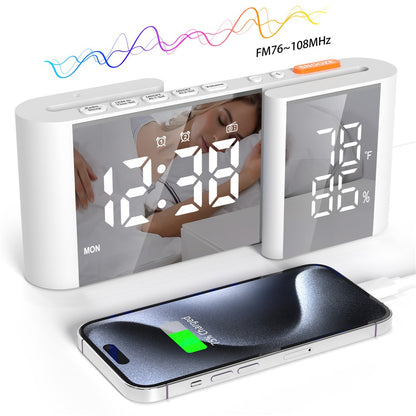 EN8837-A S-Shaped Alarm Clock with FM Radio, 0-100% Dimmer, Dual Alarms Digital Clock Thermohygrometer for Bedroom
