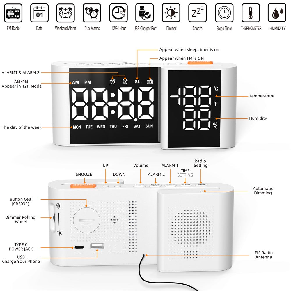 EN8837-A S-Shaped Alarm Clock with FM Radio, 0-100% Dimmer, Dual Alarms Digital Clock Thermohygrometer for Bedroom