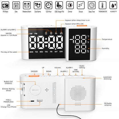 EN8837-A S-Shaped Alarm Clock with FM Radio, 0-100% Dimmer, Dual Alarms Digital Clock Thermohygrometer for Bedroom