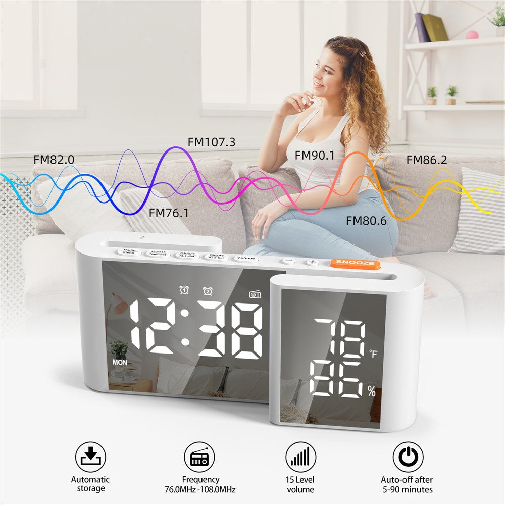 EN8837-A S-Shaped Alarm Clock with FM Radio, 0-100% Dimmer, Dual Alarms Digital Clock Thermohygrometer for Bedroom