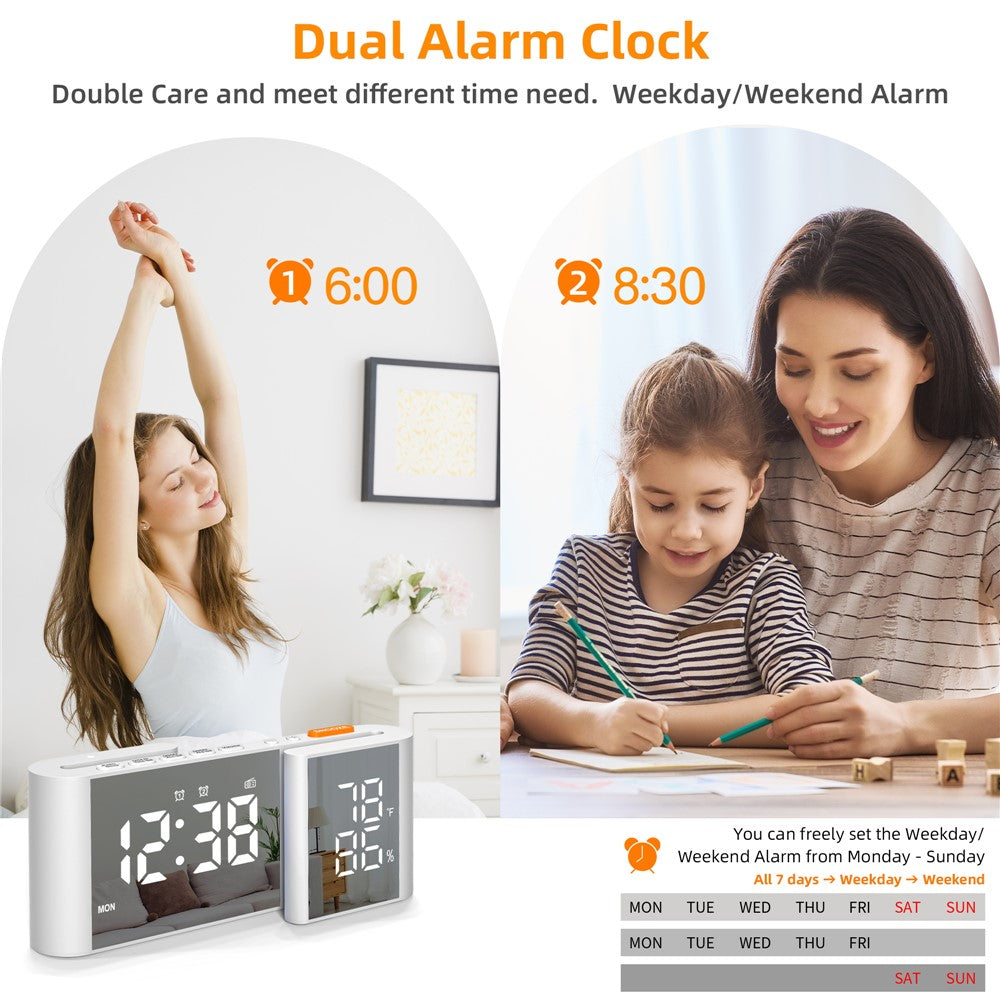 EN8837-A S-Shaped Alarm Clock with FM Radio, 0-100% Dimmer, Dual Alarms Digital Clock Thermohygrometer for Bedroom