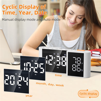 EN8837-A S-Shaped Alarm Clock with FM Radio, 0-100% Dimmer, Dual Alarms Digital Clock Thermohygrometer for Bedroom