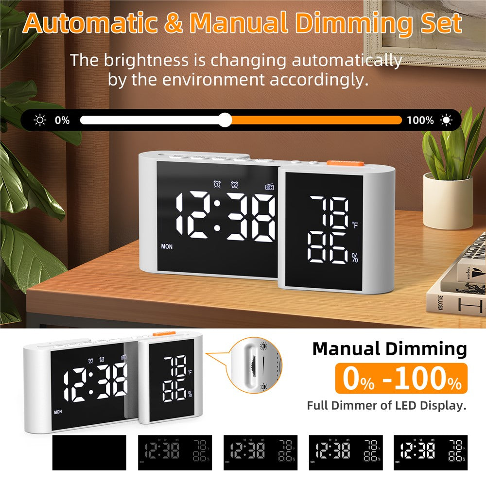 EN8837-A S-Shaped Alarm Clock with FM Radio, 0-100% Dimmer, Dual Alarms Digital Clock Thermohygrometer for Bedroom