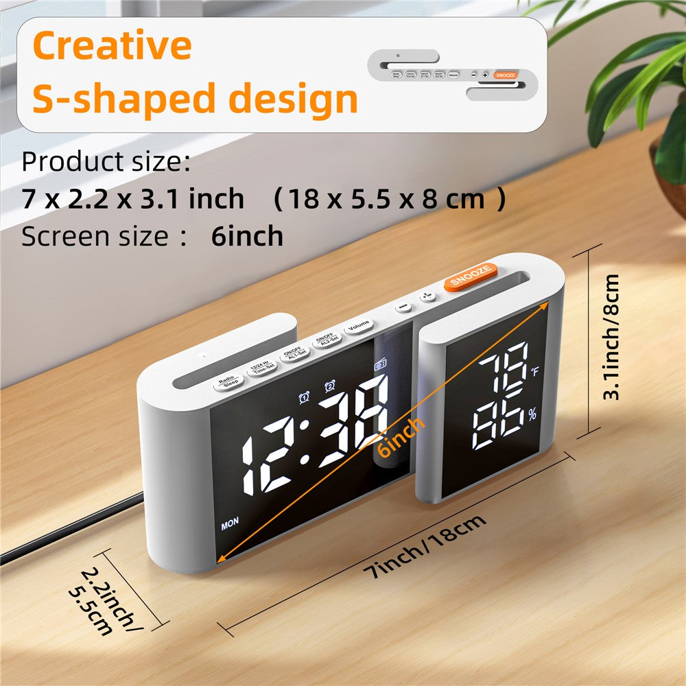 EN8837-A S-Shaped Alarm Clock with FM Radio, 0-100% Dimmer, Dual Alarms Digital Clock Thermohygrometer for Bedroom