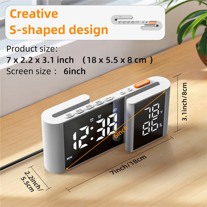 EN8837-A S-Shaped Alarm Clock with FM Radio, 0-100% Dimmer, Dual Alarms Digital Clock Thermohygrometer for Bedroom