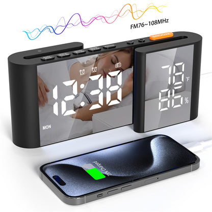 EN8837-A S-Shaped Alarm Clock with FM Radio, 0-100% Dimmer, Dual Alarms Digital Clock Thermohygrometer for Bedroom