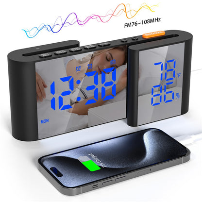 EN8837-A S-Shaped Alarm Clock with FM Radio, 0-100% Dimmer, Dual Alarms Digital Clock Thermohygrometer for Bedroom
