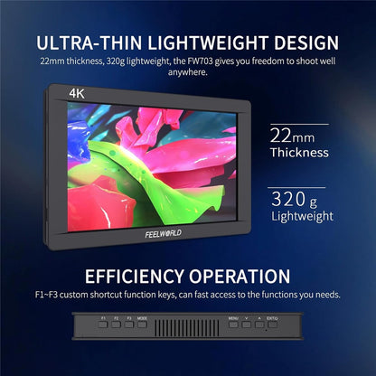 FEELWORLD FW703 7 Inch IPS 3G-SDI 4K Monitor 1920x1200 Full HD DSLR On Camera Field Monitor