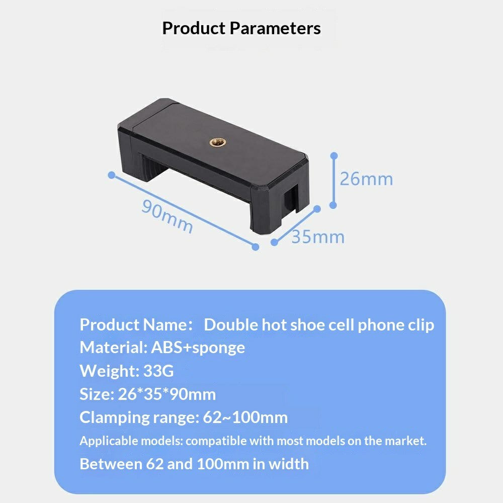 D010 Phone Clip Holder with Dual Hot Shoe Mount 1 / 4" Screw Thread for Live Streaming Tripod Stand