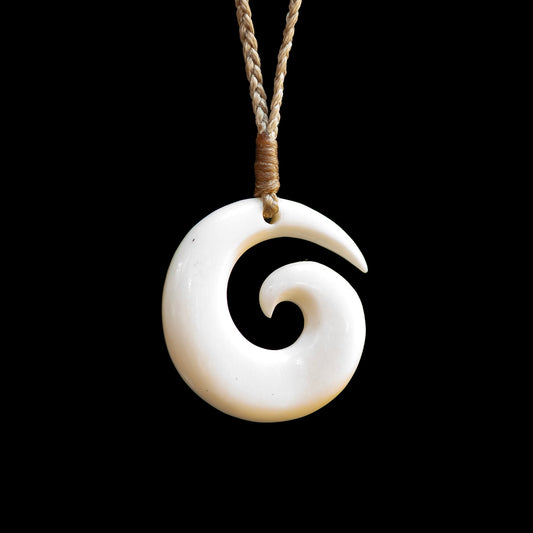 Small Koru Bone Pendant, Handcrafted Necklace with plaited cord