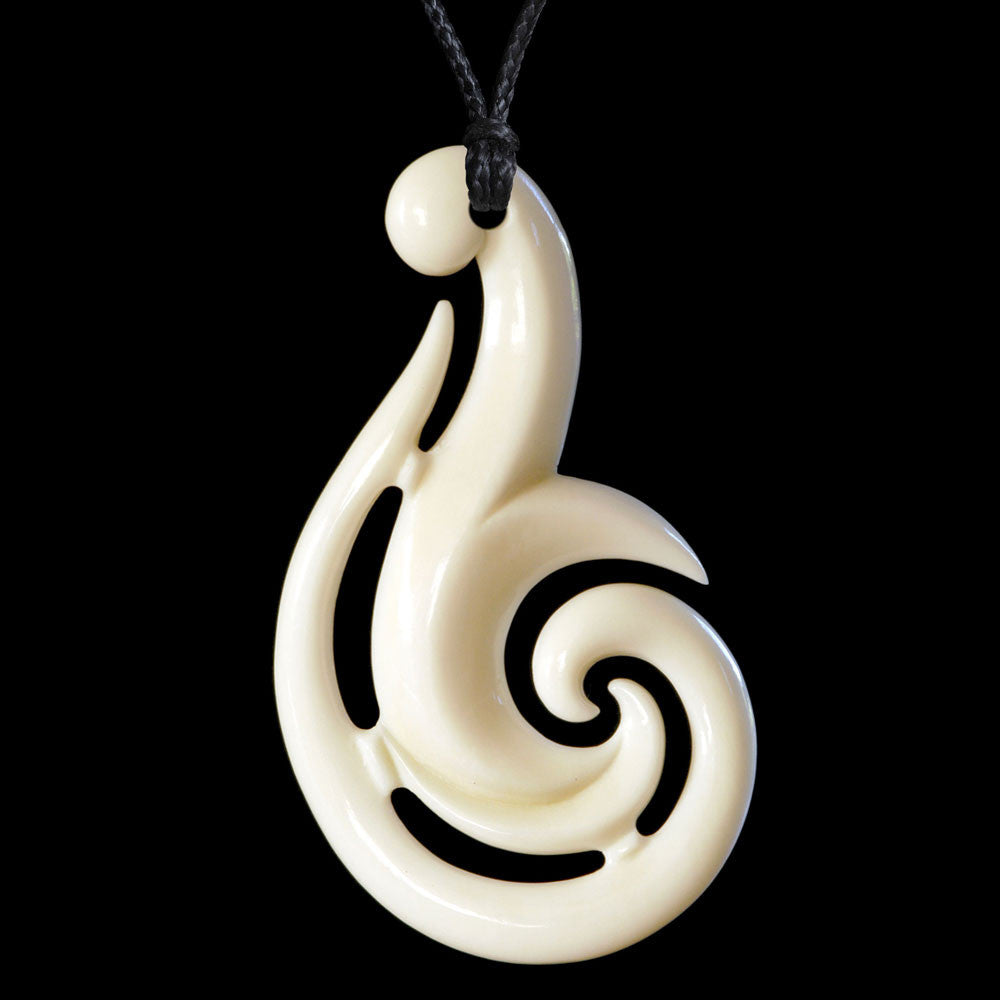 Large Stylised Koru, handcrafted bone pendant