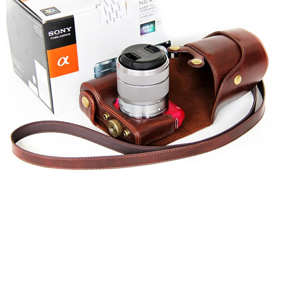 PU Leather Camera Protective Shell + Strap for Sony NEX-F3 18-55mm