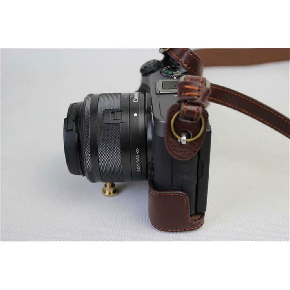 Split Leather Protective Shell + Strap + Camera Lens Bag for Canon EOS M6 (15-45mm)