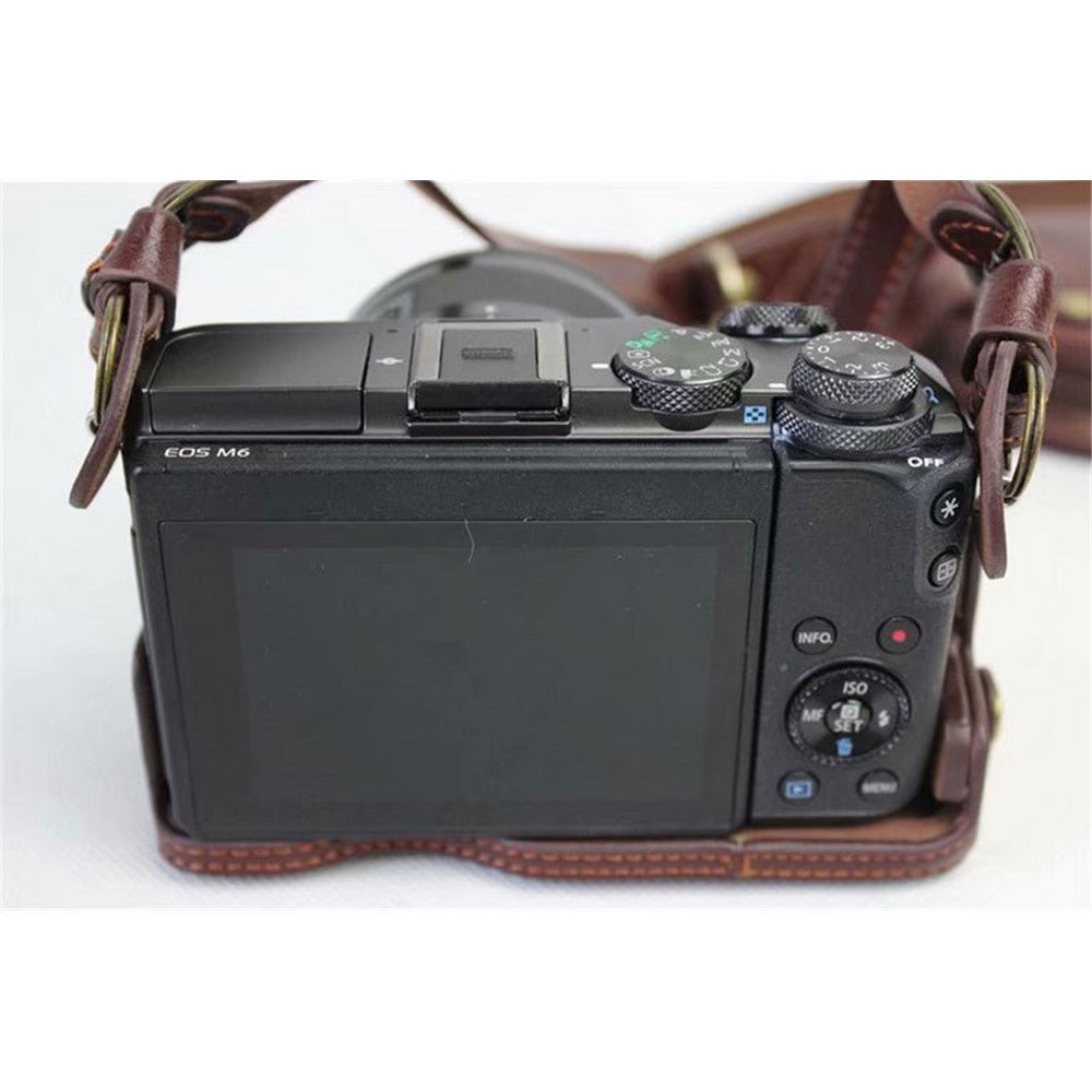 Split Leather Protective Shell + Strap + Camera Lens Bag for Canon EOS M6 (15-45mm)