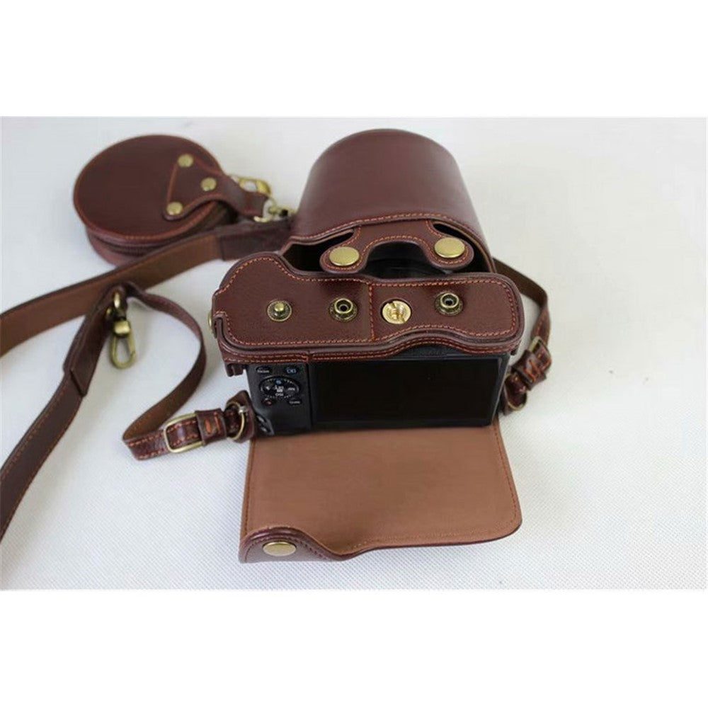 Split Leather Protective Shell + Strap + Camera Lens Bag for Canon EOS M6 (15-45mm)