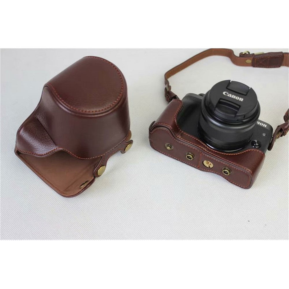 Split Leather Protective Shell + Strap + Camera Lens Bag for Canon EOS M6 (15-45mm)