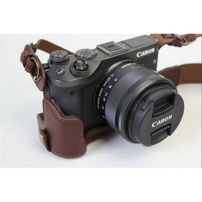 Split Leather Protective Shell + Strap + Camera Lens Bag for Canon EOS M6 (15-45mm)