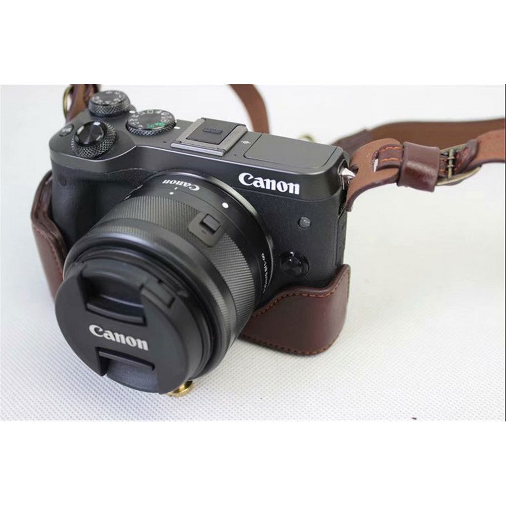Split Leather Protective Shell + Strap + Camera Lens Bag for Canon EOS M6 (15-45mm)