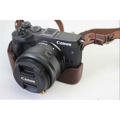Split Leather Protective Shell + Strap + Camera Lens Bag for Canon EOS M6 (15-45mm)