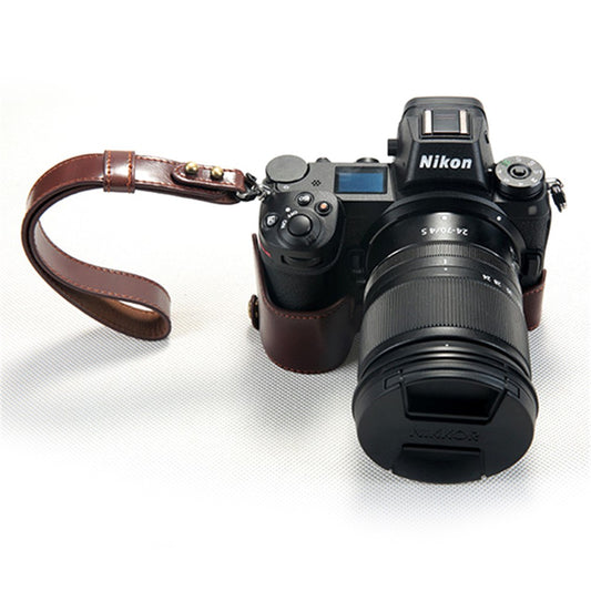 For Nikon Z7 Genuine Leather Half Bottom Camera Protection Shell with Strap