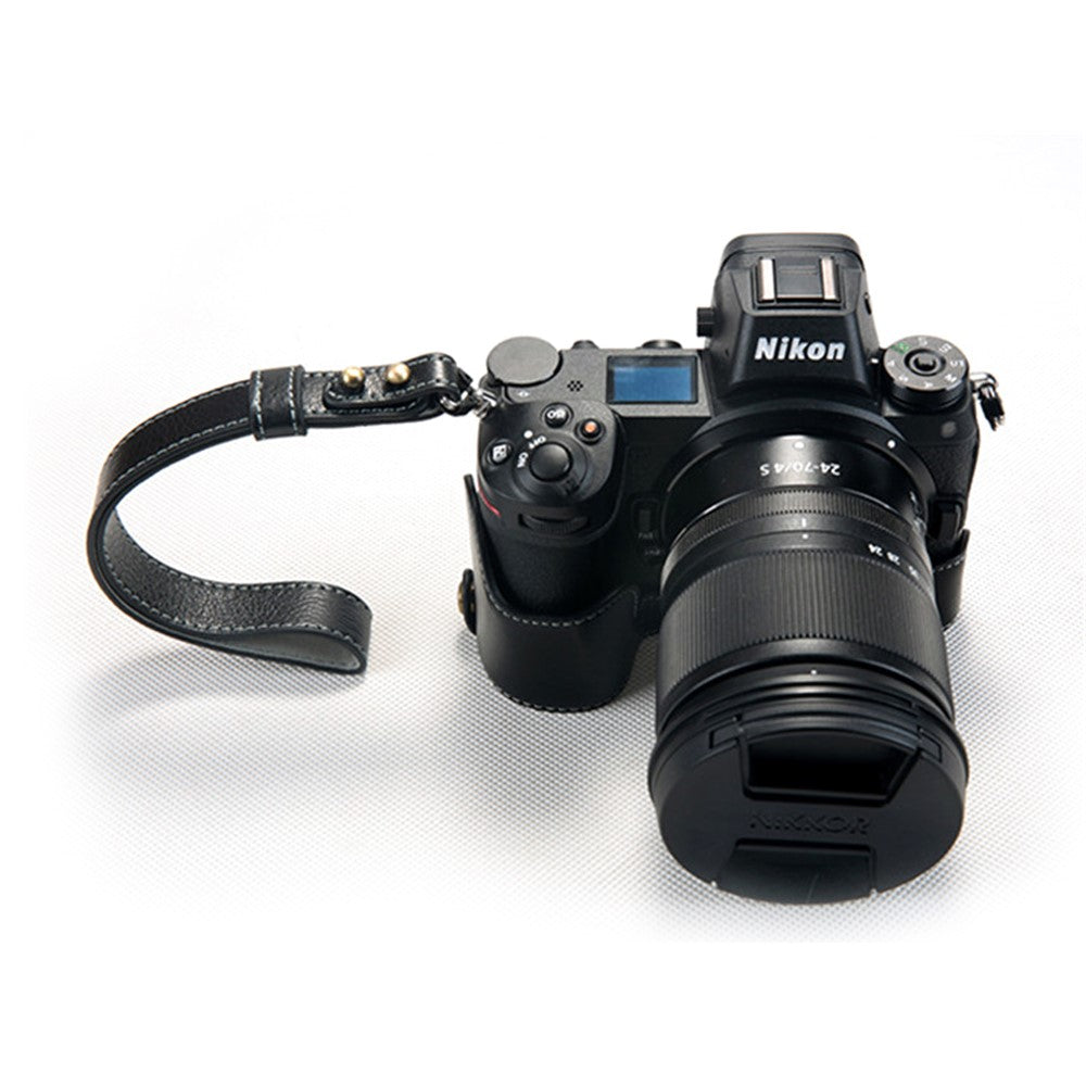 For Nikon Z7 Genuine Leather Half Bottom Camera Protection Shell with Strap