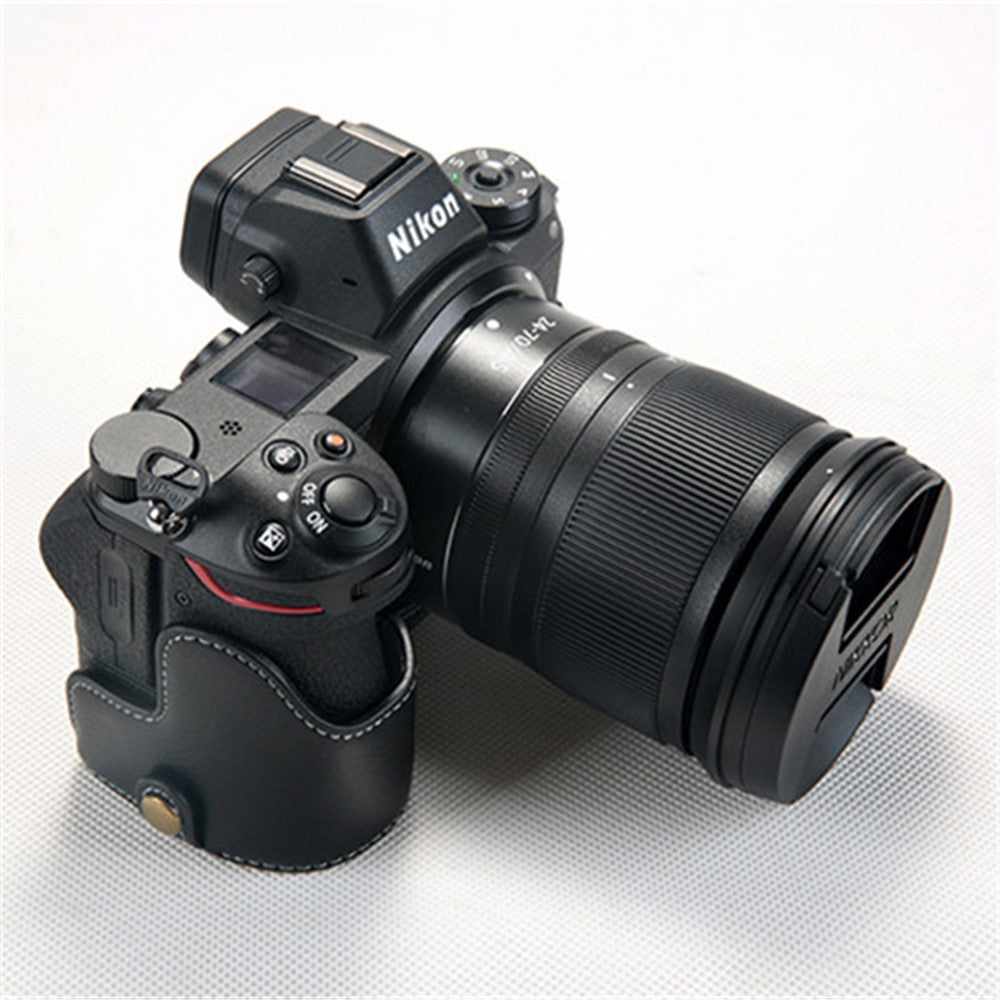 For Nikon Z7 Genuine Leather Half Bottom Camera Protection Shell with Strap