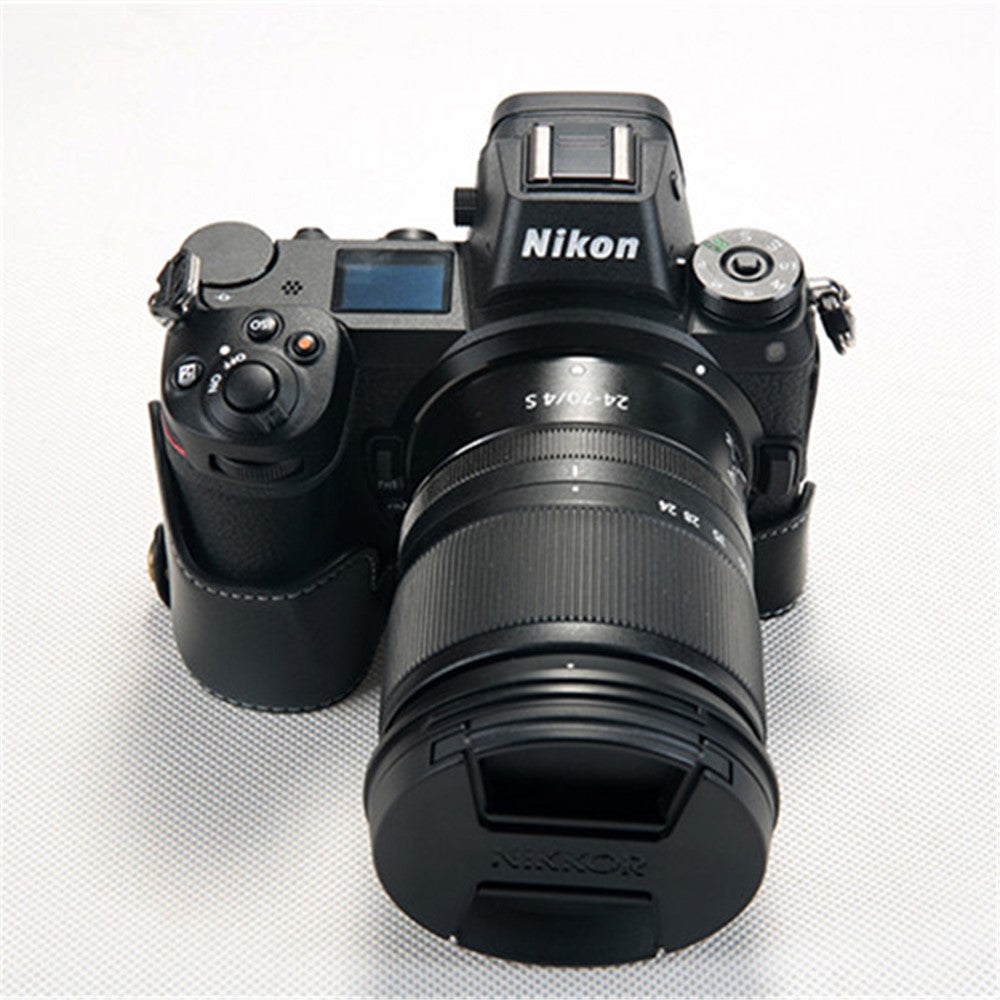 For Nikon Z7 Genuine Leather Half Bottom Camera Protection Shell with Strap