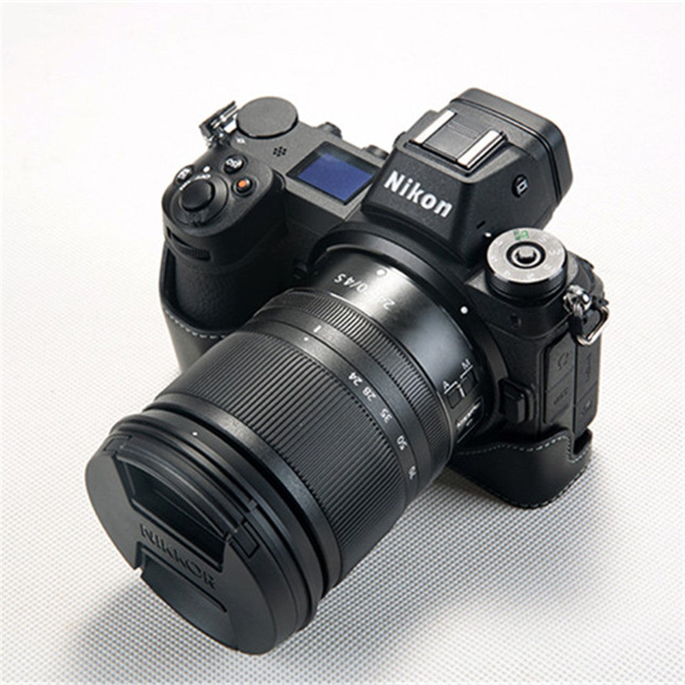 For Nikon Z7 Genuine Leather Half Bottom Camera Protection Shell with Strap