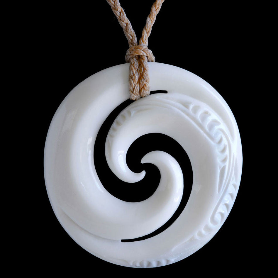 Large Engraved Double Koru, handcrafted bone pendant