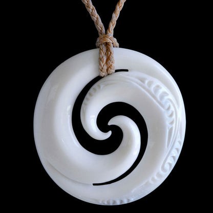 Large Engraved Double Koru, handcrafted bone pendant