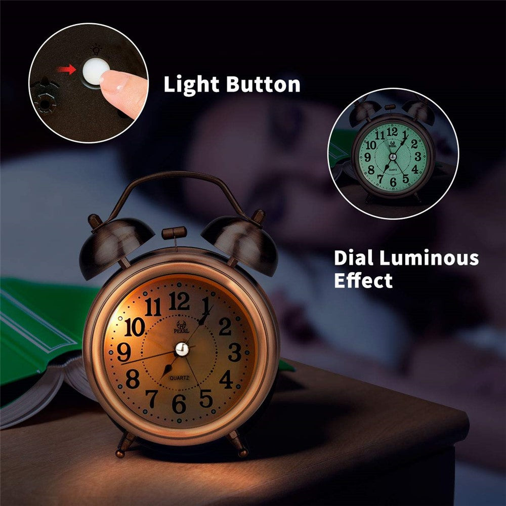 Retro Metal Plating Battery Powered Silent Non-Ticking Quartz Twin Bell Alarm Clock