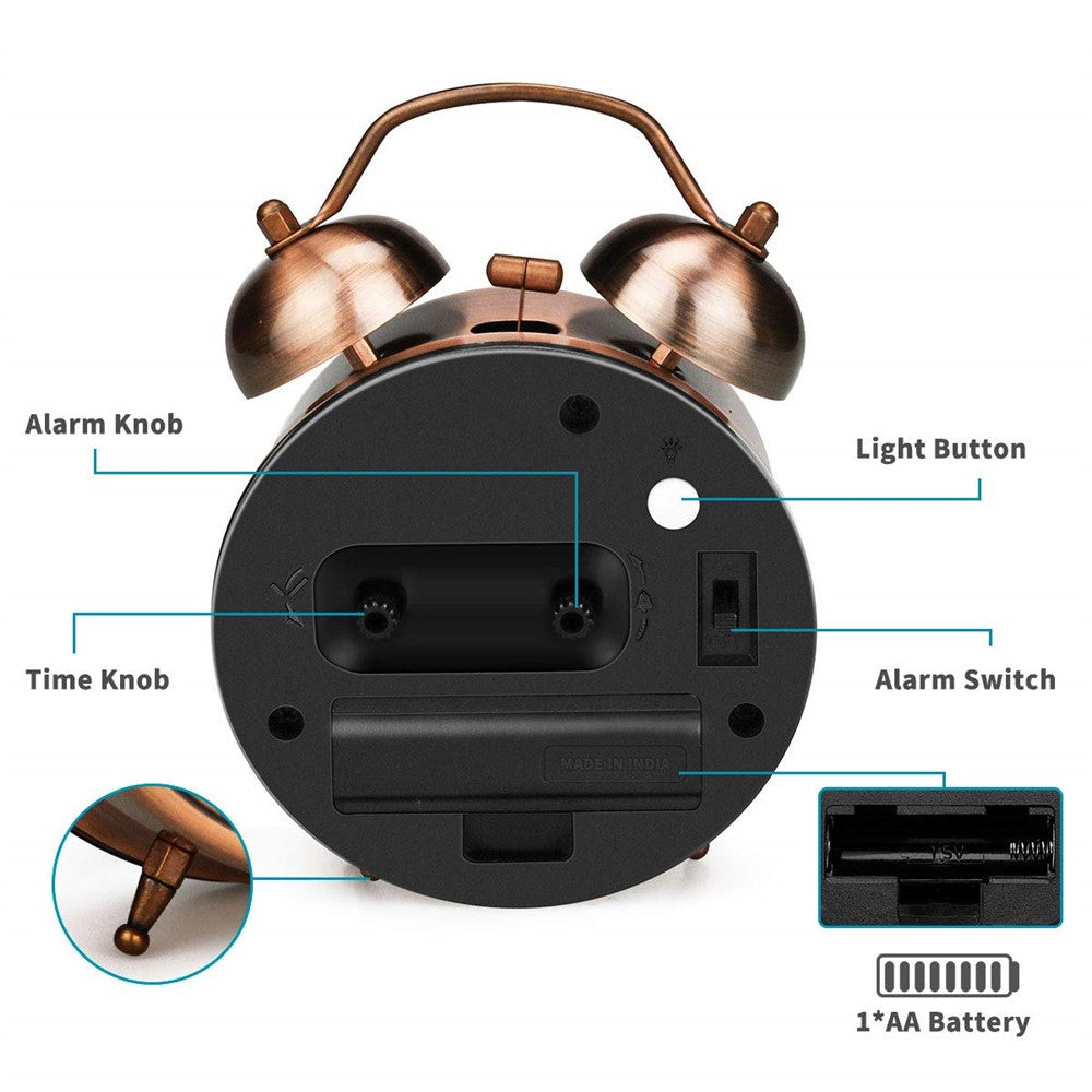 Retro Metal Plating Battery Powered Silent Non-Ticking Quartz Twin Bell Alarm Clock