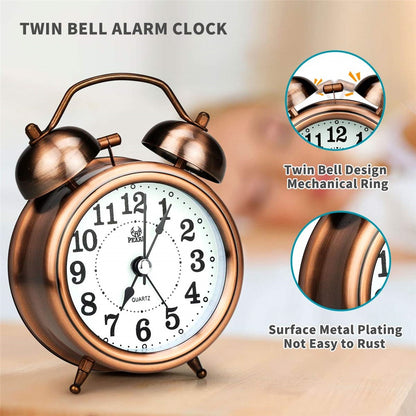 Retro Metal Plating Battery Powered Silent Non-Ticking Quartz Twin Bell Alarm Clock